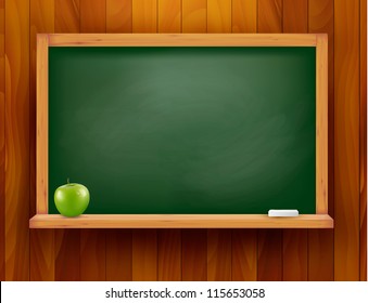 Blackboard with green apple on wooden background. Vector illustration.