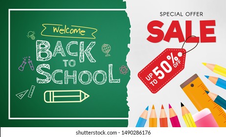 Blackboard with greeting, First day of school, Back to school sale horizontal banner. Vector