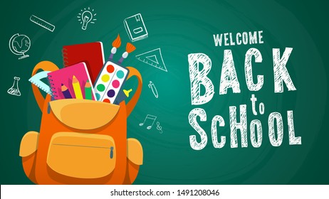 Blackboard with greeting, First day of school, Back to school horizontal banner. Vector