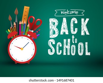 Blackboard with greeting, First day of school, Back to school horizontal banner. Vector