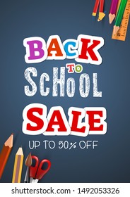 Blackboard with greeting, First day of school, Back to school sale horizontal banner. Vector