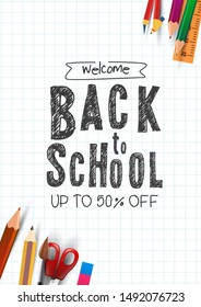 Blackboard with greeting, First day of school, Back to school sale horizontal banner. Vector