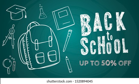 Blackboard with greeting, First day of school, Back to school sale horizontal banner. Vector