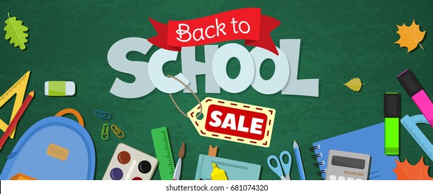 Blackboard with greeting, First day of school, Back to school sale horizontal banner. Vector