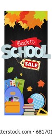 Blackboard with greeting, First day of school, Back to school sale vertical banner. Vector