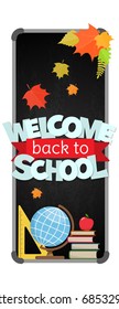 Blackboard with greeting, First day of school, Back to school sale vertical banner. Vector