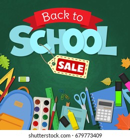 Blackboard with greeting, First of September, Back to school sale. Vector