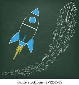 Blackboard with growing arrows chart and a rocket. Eps 10 vector file.