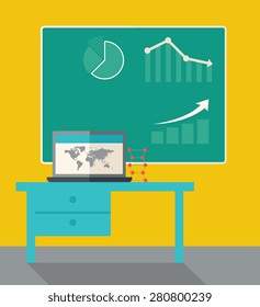 A blackboard with hand drawn growing bar graph, a table and laptop on the top. A Contemporary style with pastel palette, dark yellow tinted background. Vector flat design illustration. Square layout.