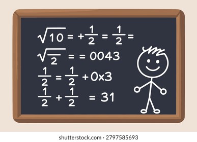Blackboard with handwritten math formulas and a cute stick figure drawing on a soft warm cream background.
