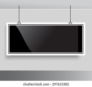 Blackboard hanging from ceiling. Glossy modern stylish empty black board template mockup. Place text logo photo product.