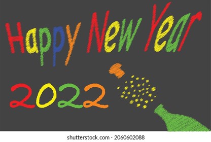 Blackboard with a happy 2022 new year message and a bursting bottle of bubbly