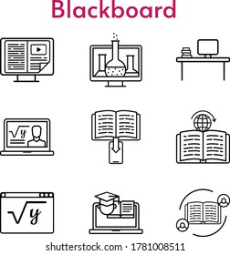 blackboard icon set. included chemistry, feedback, professor, e-book, desktop, maths, learning, training icons. linear styles.