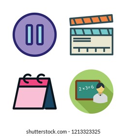 blackboard icon set. vector set about clapperboard, weekly calendar, teacher and pause icons set.