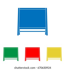 Blackboard icon. Vector. Big blue flat icon with red, green and yellow small icons at white background. Isolated.