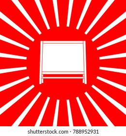 Blackboard icon. Vector. White icon on red sun with rays as background. Isolated.