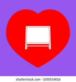 Blackboard icon. Vector. White icon in red heart at lavender background.