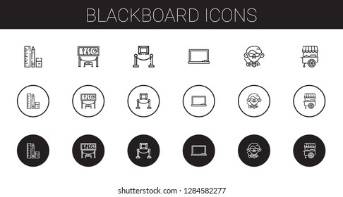 blackboard icons set. Collection of blackboard with school material, exhibition, teacher, stand. Editable and scalable blackboard icons.