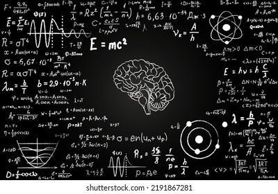 Tafel mit menschlichem Gehirn und wissenschaftlichen Formeln und Berechnungen in Physik und Mathematik eingeschrieben.  Illustration wissenschaftlicher, genialer, denkender, ideeller Quantenmechanik, Relativitätstheorie