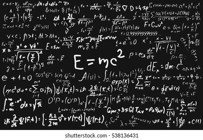 Blackboard inscribed with scientific formulas and calculations in physics and mathematics.  - Shutterstock ID 538136431
