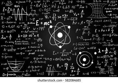 Blackboard inscribed with scientific formulas and calculations in physics and mathematics. Can illustrate scientific topics tied to quantum mechanics, relativity theory and any scientific calculations - Shutterstock ID 582084685