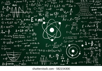 Blackboard inscribed with scientific formulas and calculations in physics and mathematics. Vector illustration