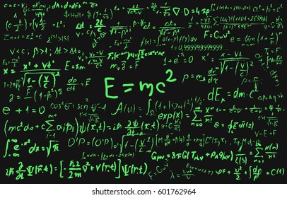 Blackboard inscribed with scientific formulas and calculations in physics and mathematics.