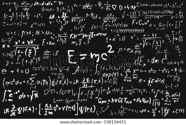 Blackboard inscribed with scientific\
formulas and calculations in physics and mathematics.\
