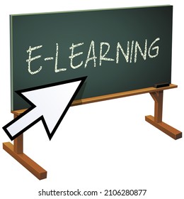 Blackboard with the inscription e-learning inscribed in chalk pointed by a mouse pointer (cut out)