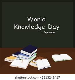 Blackboard with the inscription world knowledge day and a pile of textbooks on the table. 1 september - World Knowledge Day. Vector illustration