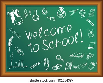 Blackboard with inscriptions and drawings in chalk