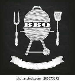 Blackboard with kettler BBQ and ribbon. Eps 10 vector file.