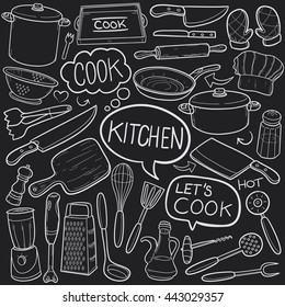 Blackboard Kitchen Cook Doodle Icons Hand Made vector Illustration sketch.