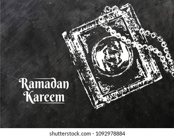 Blackboard with Koran and beads. Vector illustration. Black and white.