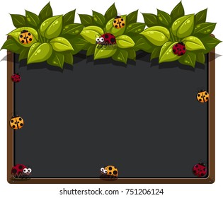 Blackboard with ladybugs and leaves illustration