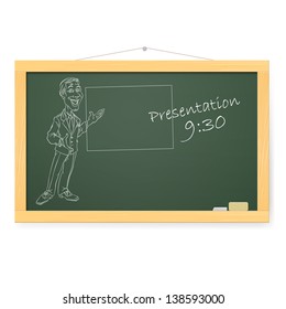Blackboard with man and organizing presentations. Illustration on white