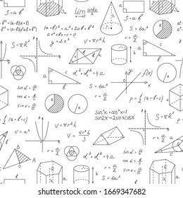 Blackboard Mathematical with Thin Line Shapes and Inscriptions Seamless Pattern Background on a White Include of Formula, Calculation and Equation. Vector illustration