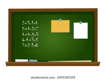 Pizarra con ecuaciones matemáticas, pegatinas y tiza. Pizarra de la escuela verde. Tablero de madera para la educación, clase de matemáticas. Ilustración vectorial aislada sobre fondo transparente