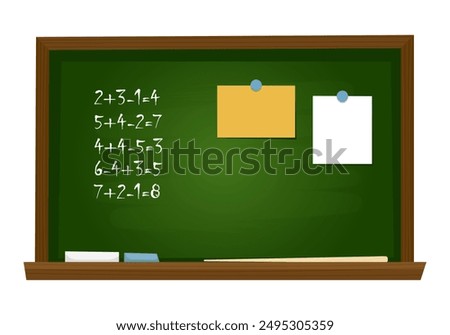 Blackboard with maths equations, stickers and chalk. Green school chalkboard. Wooden board for education, mathematics class. Vector illustration isolated on transparent backdrop