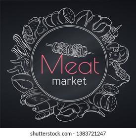 Blackboard meat banner. Decorative hand drawn meat product in old style for the design food meat production , brochures, banner, restaurant menu and market.