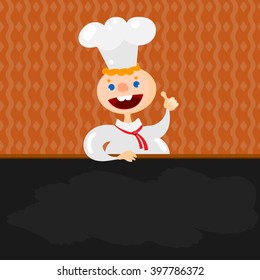 Blackboard menu and Chef character isolated at geometric design wall. Handsome young chief cook holding blackboard for restaurant menu. 