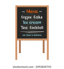 Blackboard-Menü mit handgeschriebenen Speisen und Getränken. Tafel mit Textkaffee, Kuchen, Eis, Tee und Cocktails. Vorlage Objekt für Notizen Cafés, Restaurants, Bistro, Food-Service. Vektorgrafik