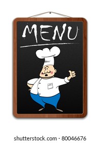 Blackboard with menu inscription and illustrated chef. Vector