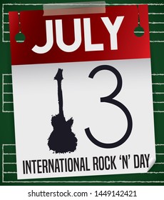 Blackboard with music staff chalk drawings and a loose-leaf calendar with guitar silhouette painted like number one to remind the date for International Rock 'n' Roll Day: 13 July.