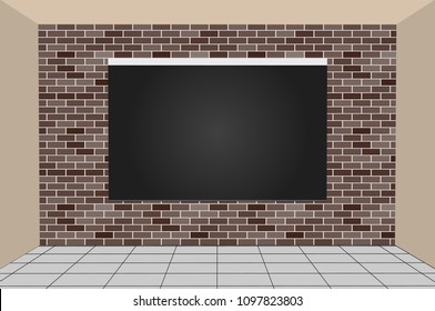Blackboard on brick wall. Classroom 3D interior. Colorful  vector illustration.