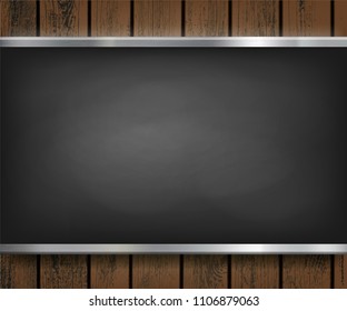 Blackboard on a wooden background. Menu banner with copy space. Stock vector illustration.