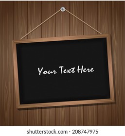 Blackboard on wooden background. Vector illustration. 