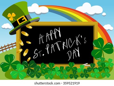 blackboard outdoor with Saint Patricks hat on top rainbow golden coins and shamrocks for happy St. Patricks or Saint Patrick s Day 