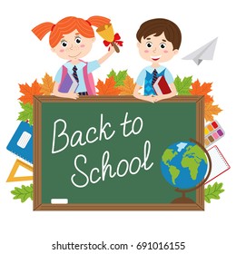blackboard with pupils and school supplies  - vector illustration, eps
