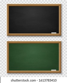 Blackboard. Realistic green and black chalkboard with wooden frame and chalk, blackboards template for school classroom or restaurant 3d vector set